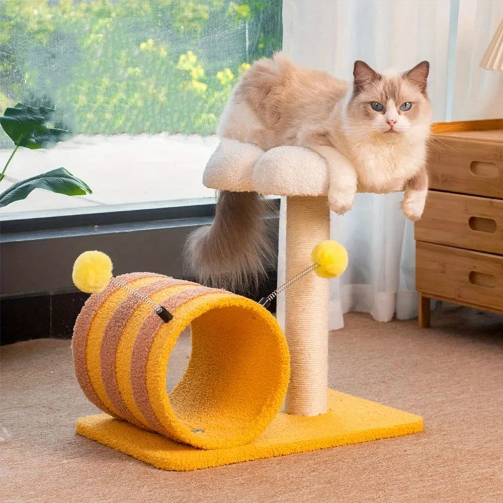 Yellow cat scratching post and climbing frame with sisal board and integrated tunnel.