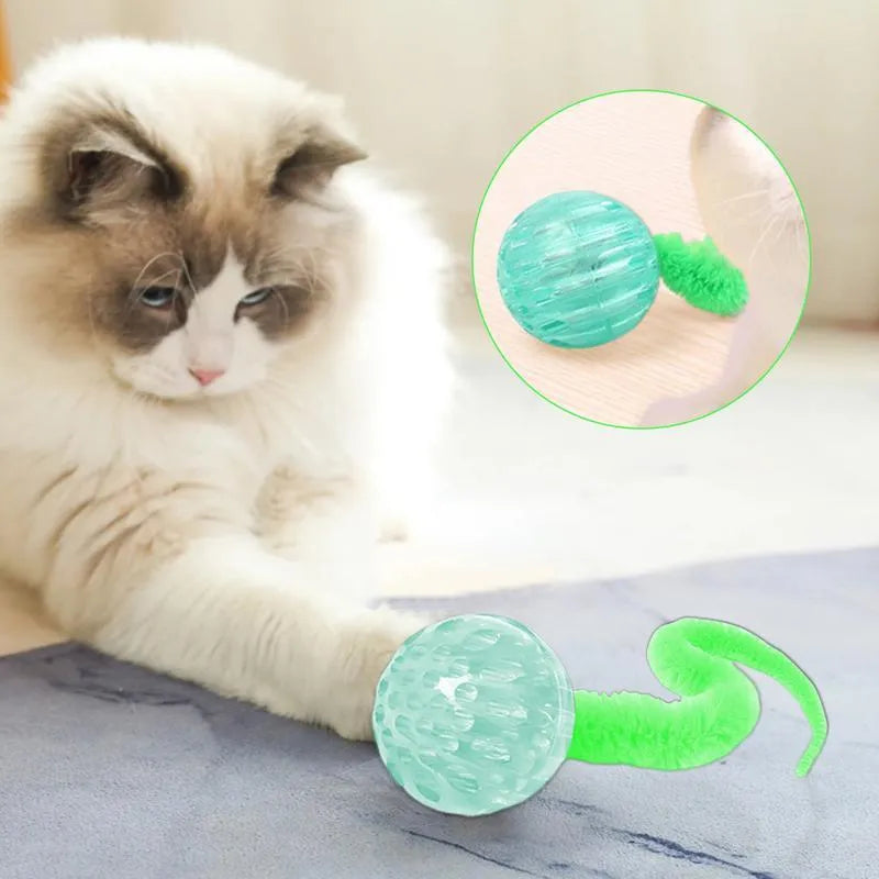 Interactive worm-shaped bouncy ball cat toy with tail in green, pink, or purple colours