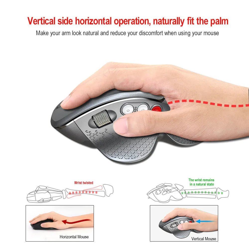 T32 black and silver wireless vertical ergonomic mouse with aluminium side roller on desk.