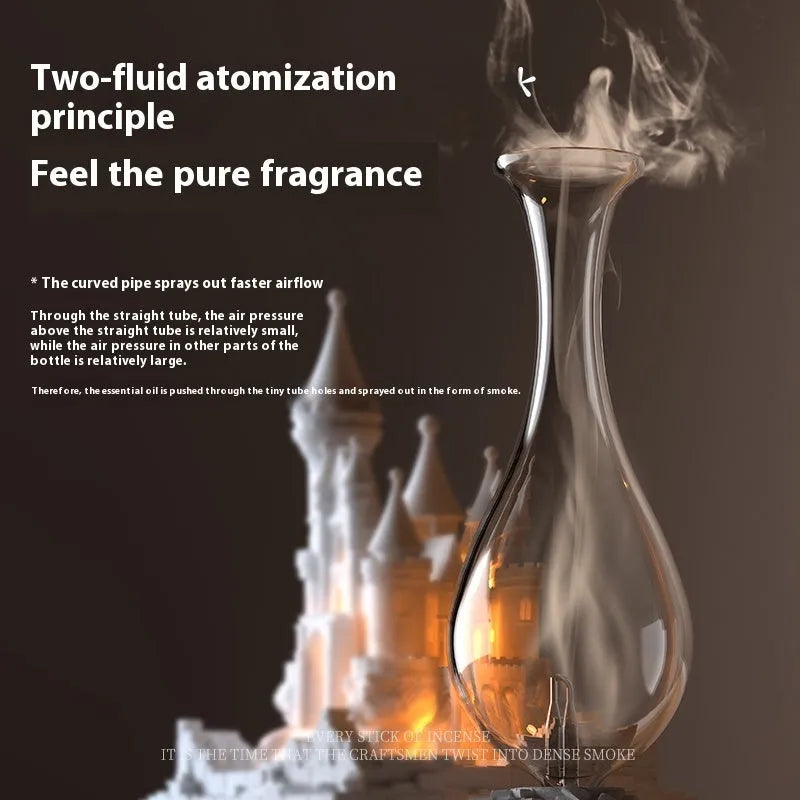 White medieval castle-shaped cold fragrance aromatherapy machine with ambient light on a table.