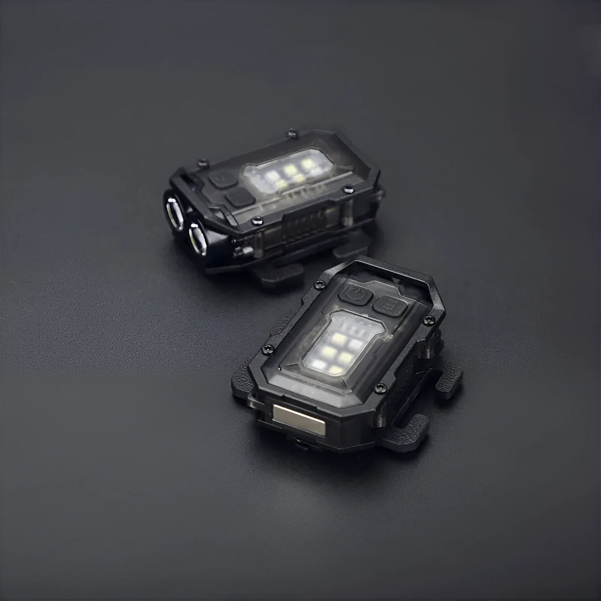 Portable tactical mini warning flashlight with a black housing, showing the LED lens, a side mounting clip, and an included USB charging cable.
