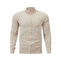 Men's apricot cotton zip-up cardigan with stand collar on a hanger.