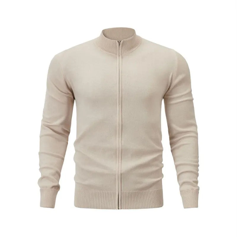 Men's apricot cotton zip-up cardigan with stand collar on a hanger.