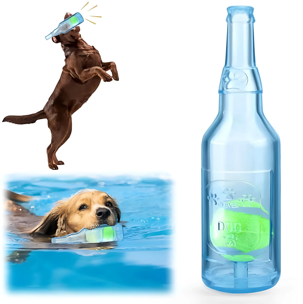 Blue natural rubber water bottle dog toy with squeaker for aggressive chewing dogs