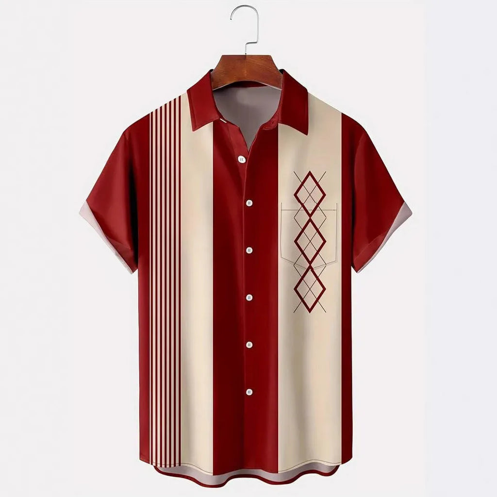 Men's loose fit plaid short-sleeved shirt with lapel in polyester fabric