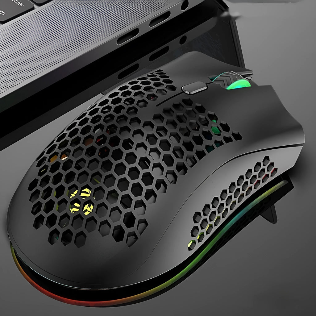 Hollow out wireless gaming mouse with luminous charging in black, cyan, and white colour options