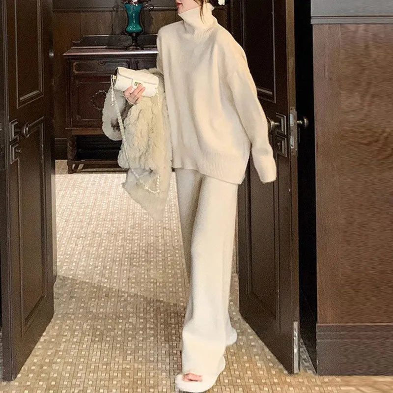 Women's beige acrylic sweater and wide-leg trousers two-piece casual set