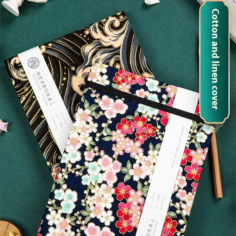 Feiluniao fabric hardback watercolour notebook with 185mm length, shown with a cover design option.