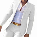 Men's multi-colour cotton banquet suit with jacket and trousers on a hanger
