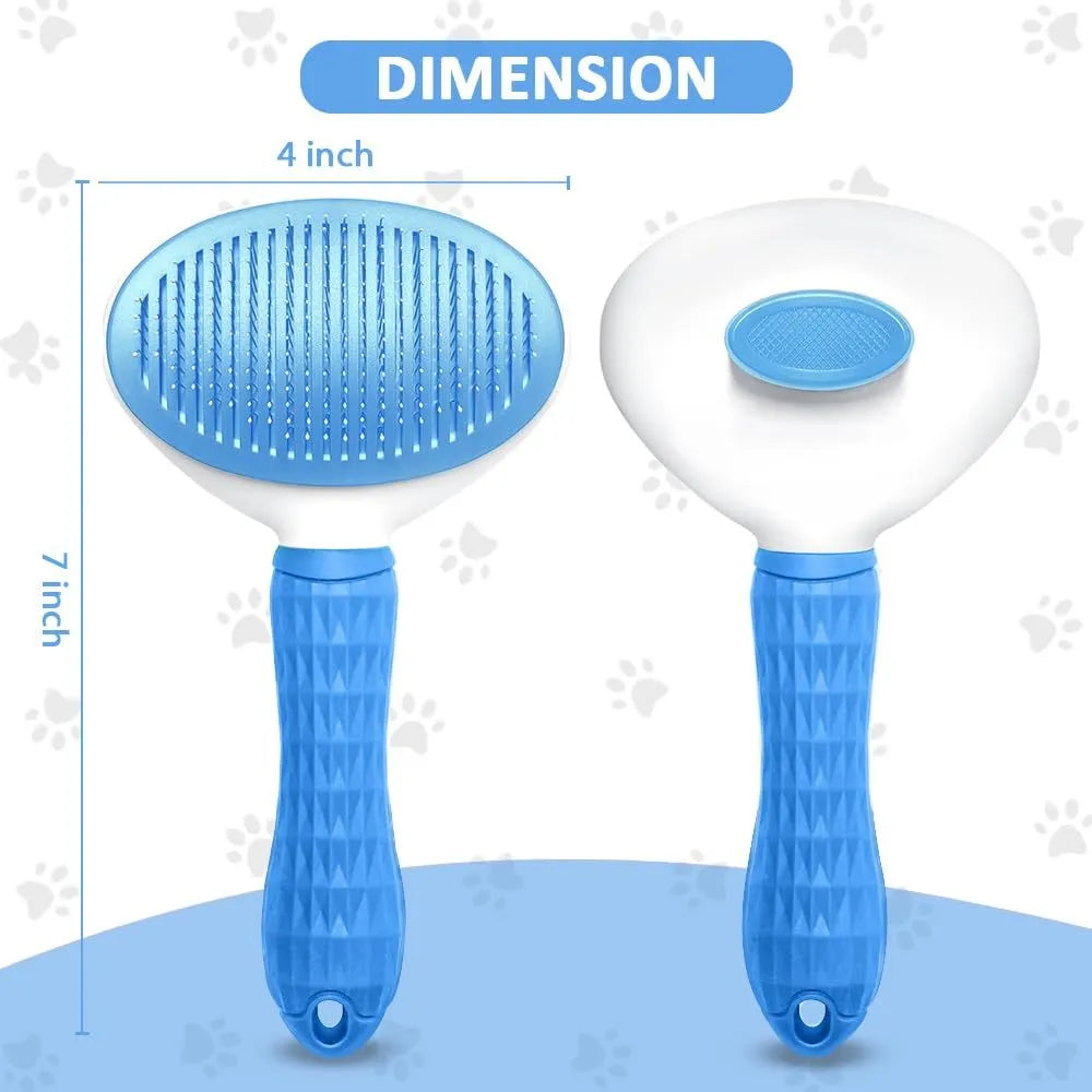 Blue cat grooming brush with a release button and fine wire bristles for pet hair removal.
