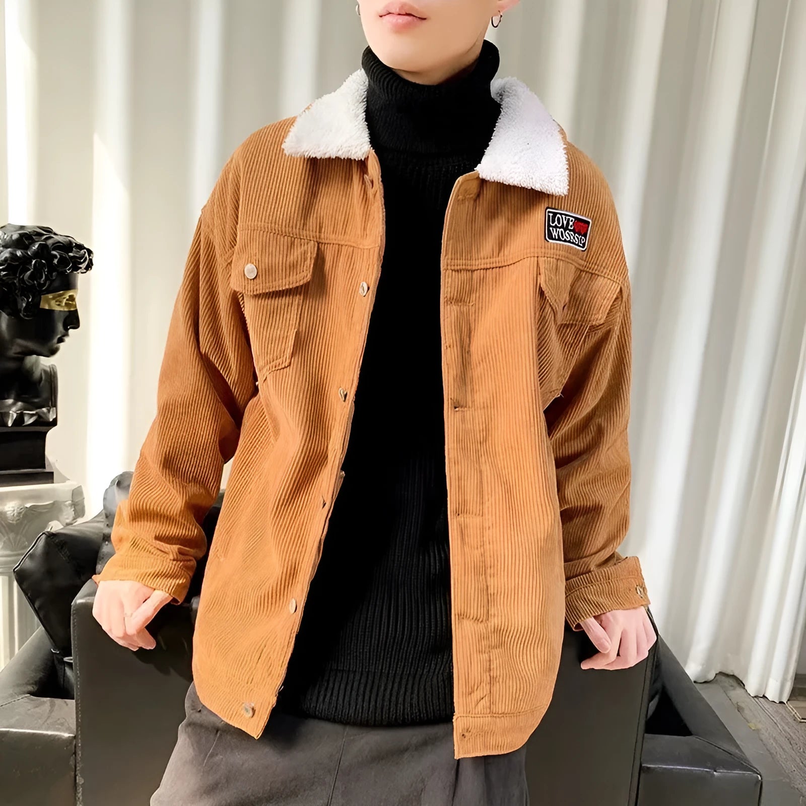 Men's loose fit corduroy workwear jacket in khaki, shown with a stick pocket and regular sleeves.