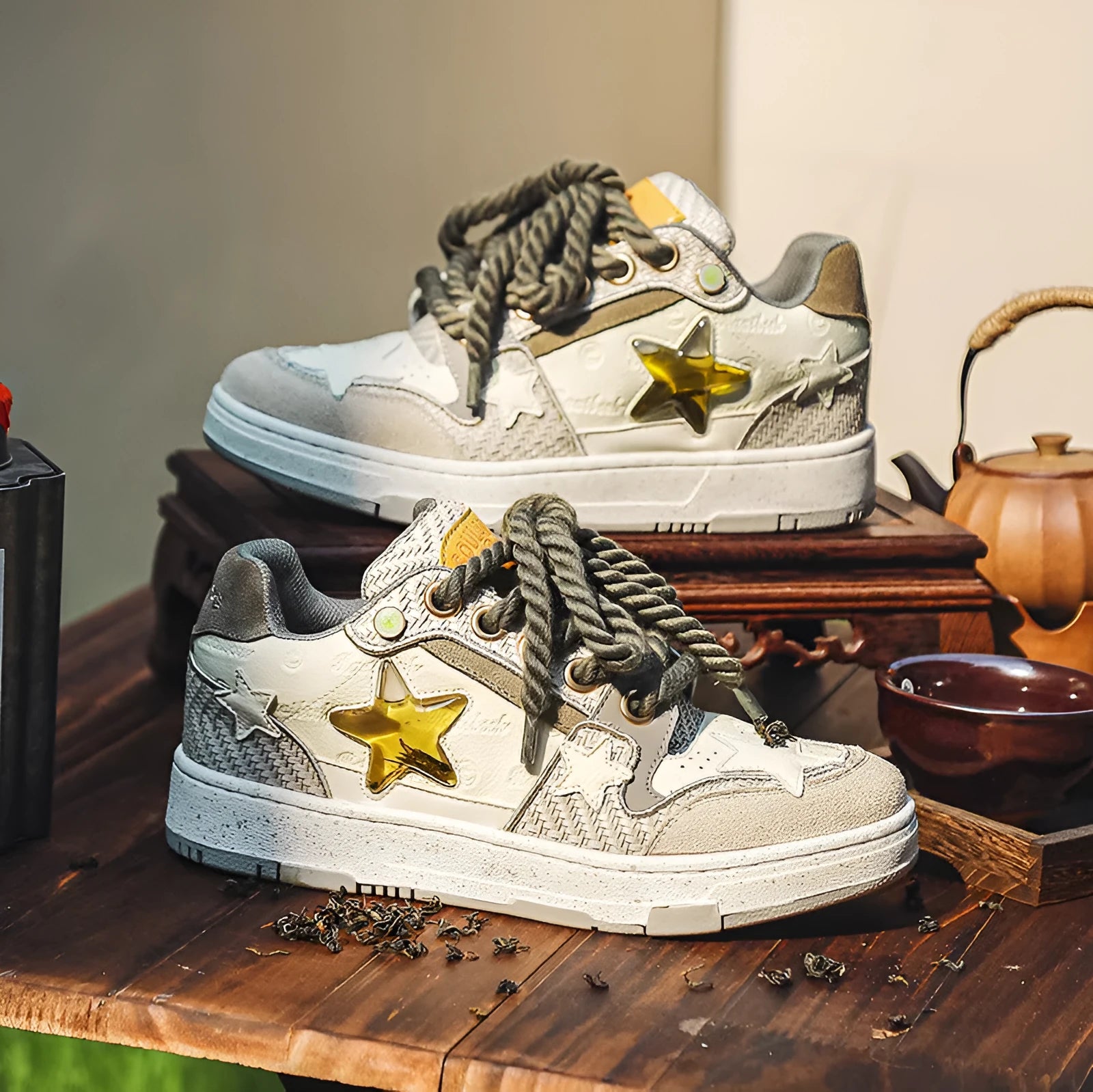 West Lake dragon well tea coloured leather platform running shoes with a round toe and lace-up front.