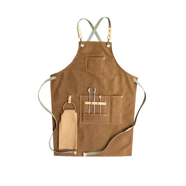 Canvas apron with cross-strap back design in camel colour for work protection