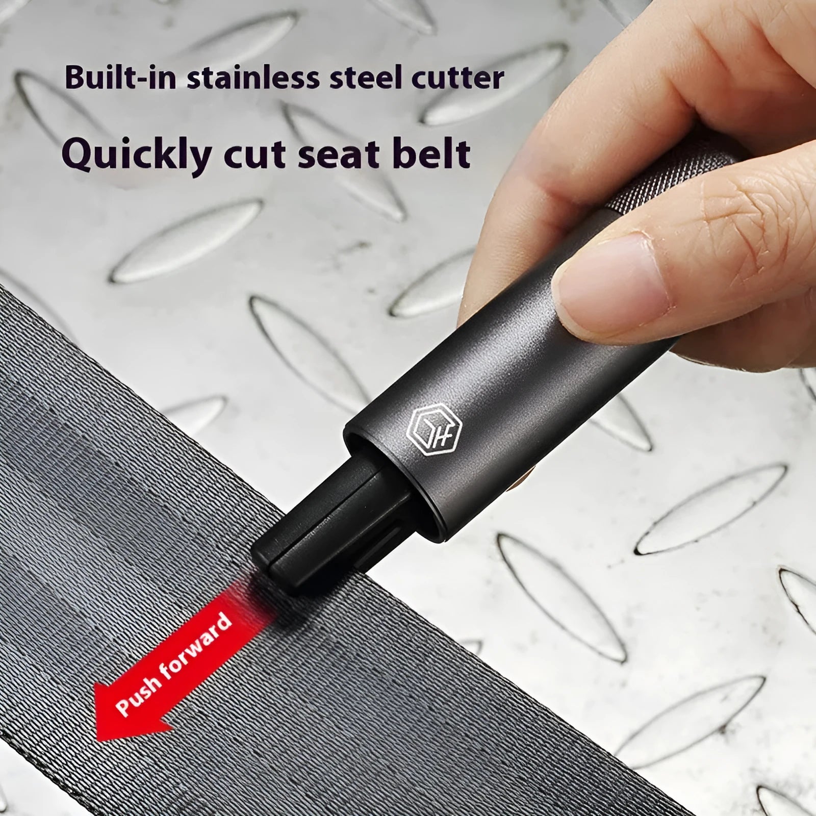 Gun grey aluminium alloy car safety hammer with seatbelt cutter on 3M rubber mounting base