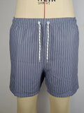 A pair of grey striped casual shorts with a straight leg opening, laid flat.
