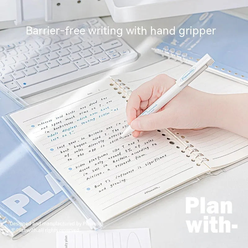 A5 PVC spiral notebook in blue or white with can store design for loose papers