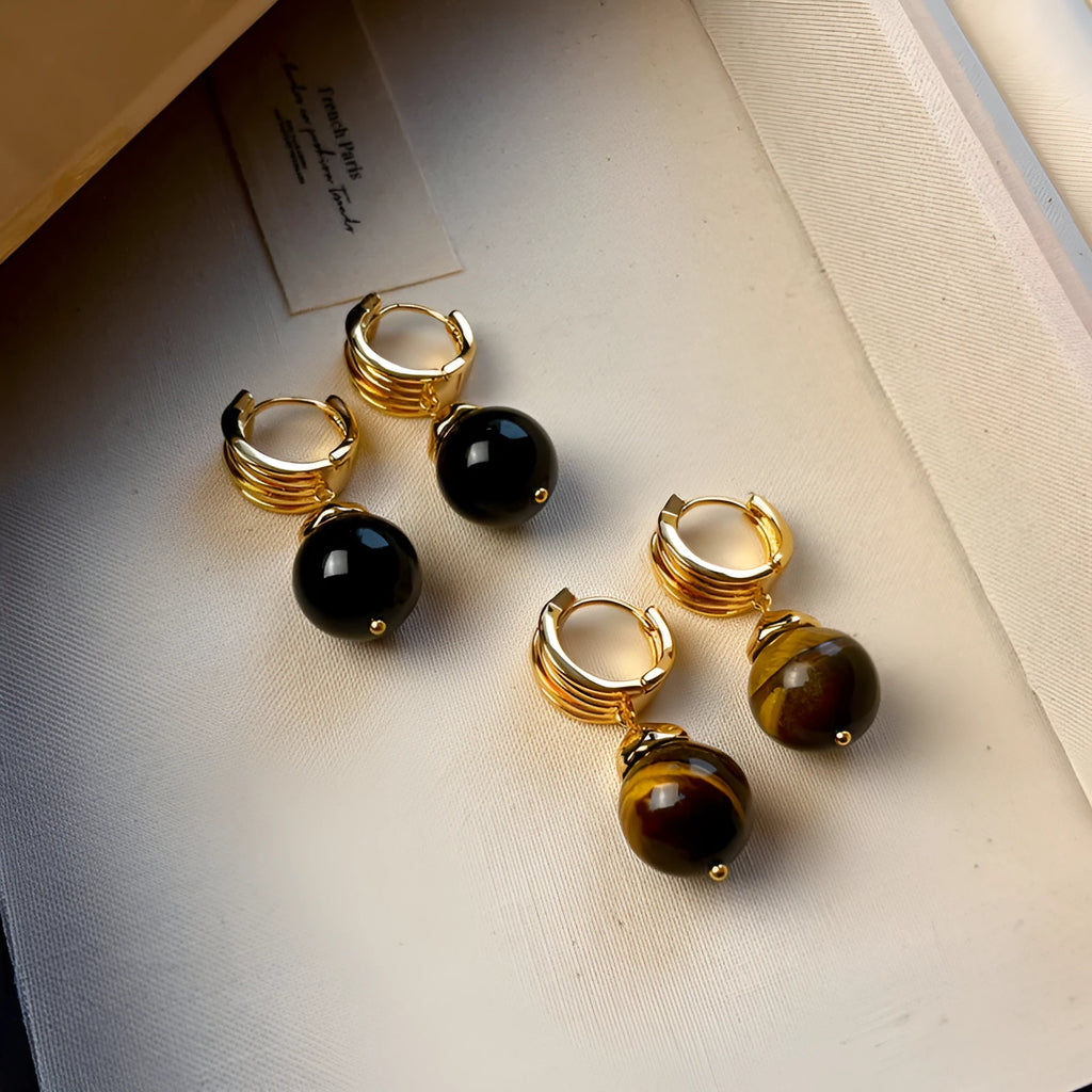Maillard geometric tigereye earrings with gold plating in brown and black colour options