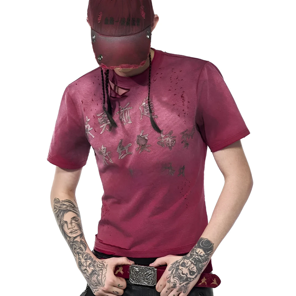 Red distressed slim-fit men's T-shirt with short sleeves and a round neck.