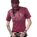 Red distressed slim-fit men's T-shirt with short sleeves and a round neck.