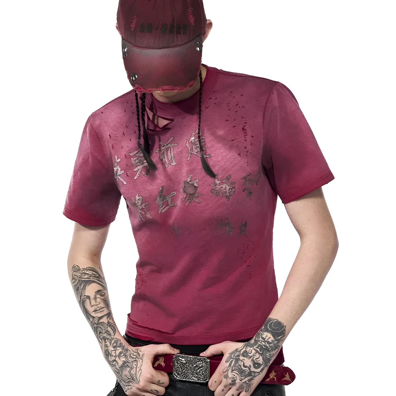 Red distressed slim-fit men's T-shirt with short sleeves and a round neck.