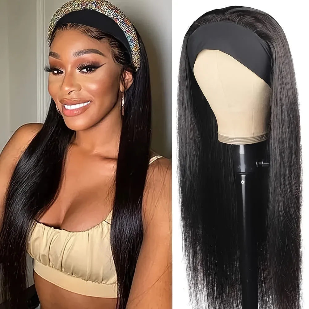 Headband wig with high temperature fibre hair in black straight, black curly and wine red options
