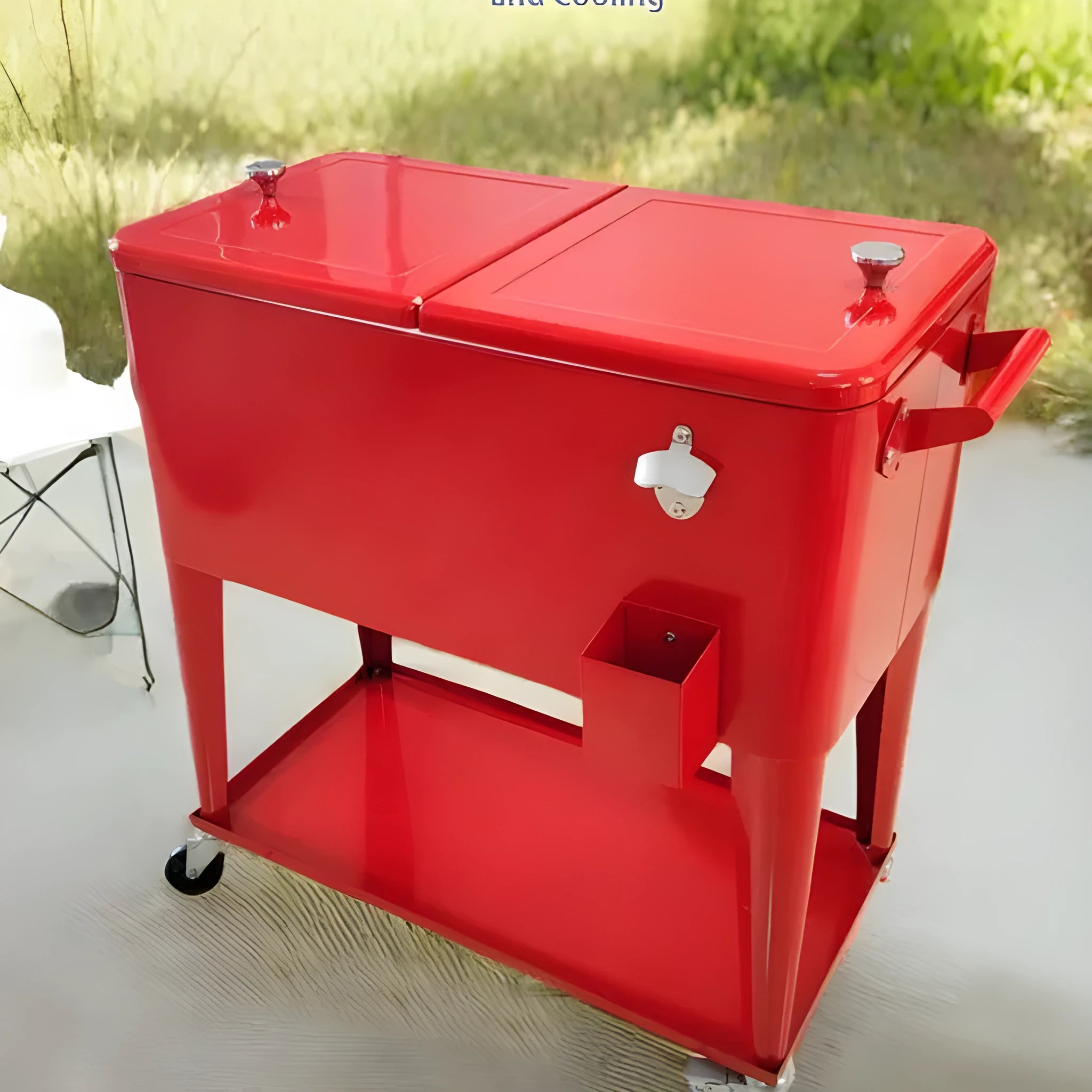 Red outdoor metal trolley with an integrated insulated cooler box, showing wheels and a 750 capacity.