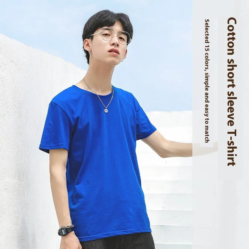 Men's solid colour cotton round neck T-shirt on a hanger