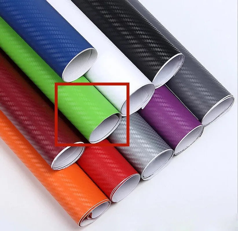 Roll of black 3D carbon fibre texture adhesive sticker for car decoration, showing textured pattern.