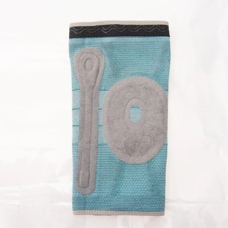 Sky blue elastic fibre knee pad for sports, shown in size L on a knee.