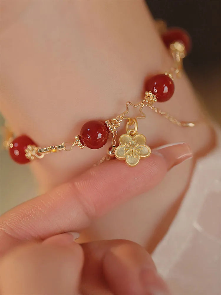 Red agate double layer women's bracelet with peach blossom charm jewellery