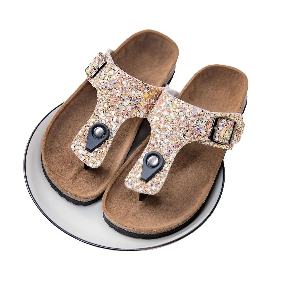 Cork flip-flops couples shoes with frosted artificial leather uppers and PVC soles