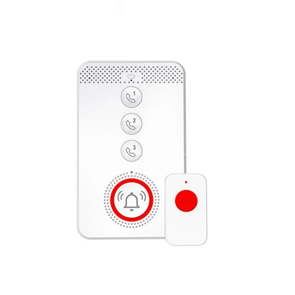 White emergency alert system with one buzzer unit and three wireless emergency buttons for elderly safety