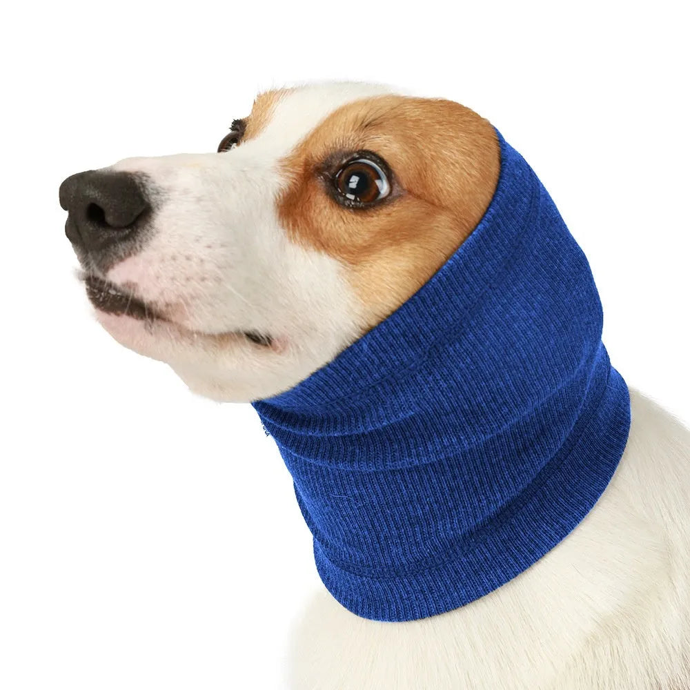 Blue and grey polyester dog headband scarf accessory in small, medium, large sizes