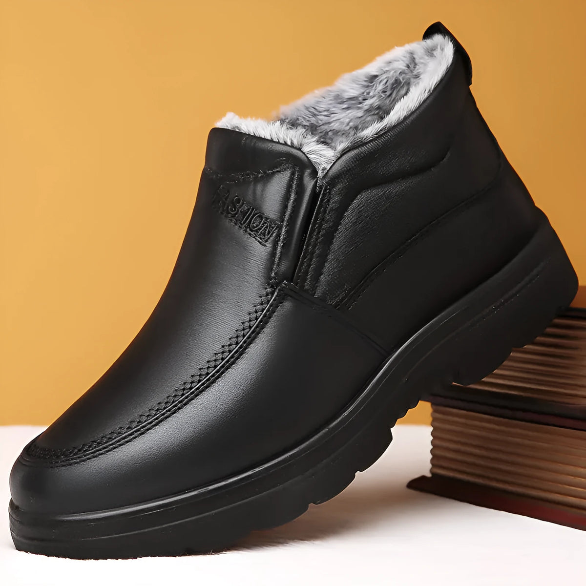 Men's black winter slip-on shoes with fleece lining and a rubber sole