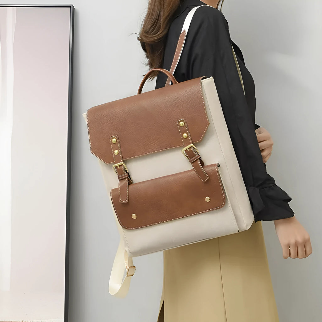 Korean style soft PU backpack in creamy white colour with retro design