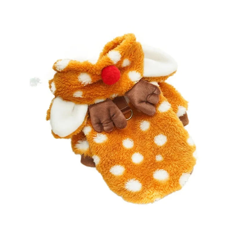 Elk fleece-lined pet costume for dogs and cats, two-leg Christmas design, sizes XS to XXL, polyester