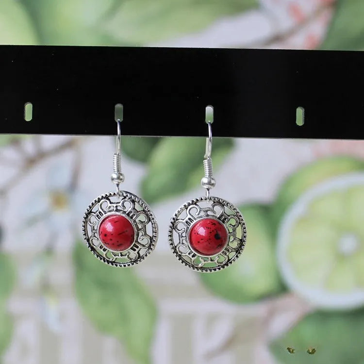 Handmade Miao silver turquoise ethnic earrings with geometric flower disk shape