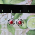 Handmade Miao silver turquoise ethnic earrings with geometric flower disk shape