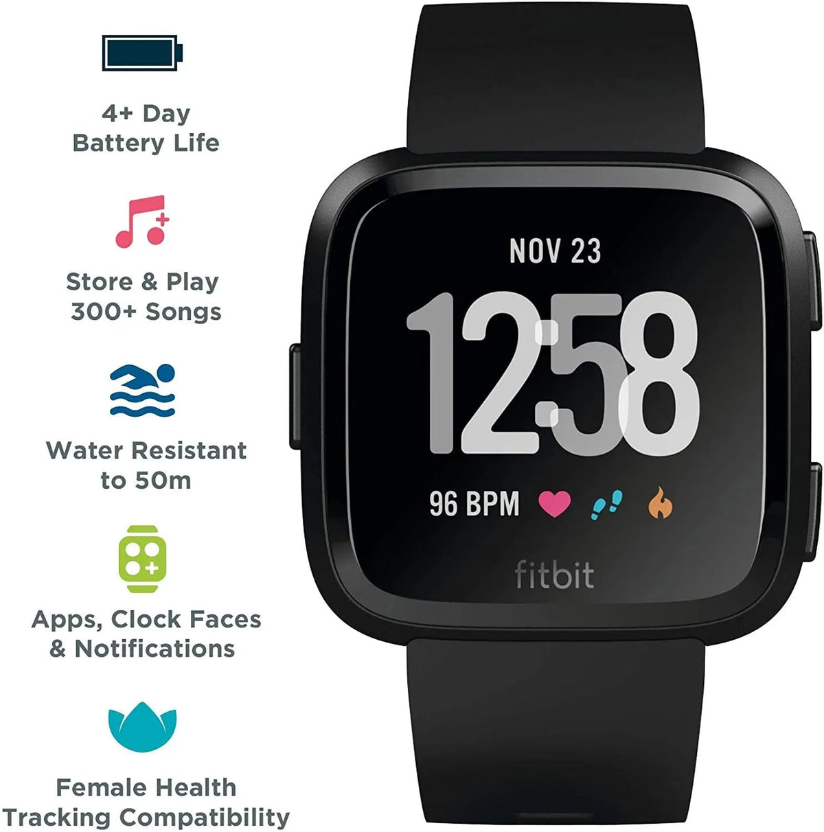 Black smart watch with heart rate monitoring on a silicone wrist strap, showing a 1.4-inch display.