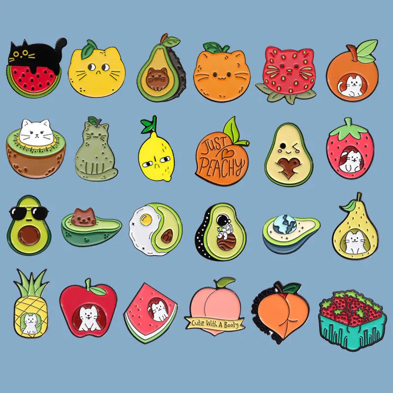 Colourful cartoon fruit and letter design metal brooch made from zinc alloy.