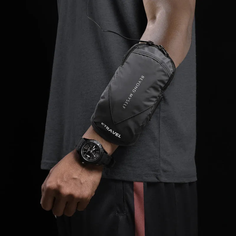 Running arm bag with reflective strips and adjustable arm strap in black colour
