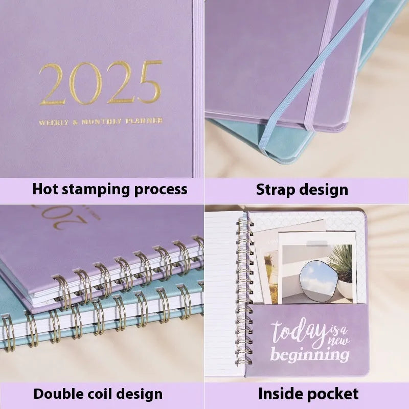 A5 size PU leather notebook with metal coil binding in a choice of colours including black, blue, brown, and pink.
