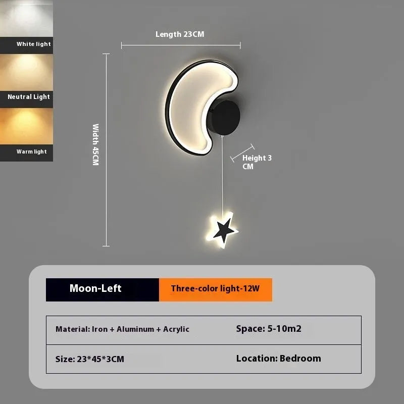 Cartoon cloud, moon and five-pointed star shaped bedside wall lamp for a children's bedroom in black or white.