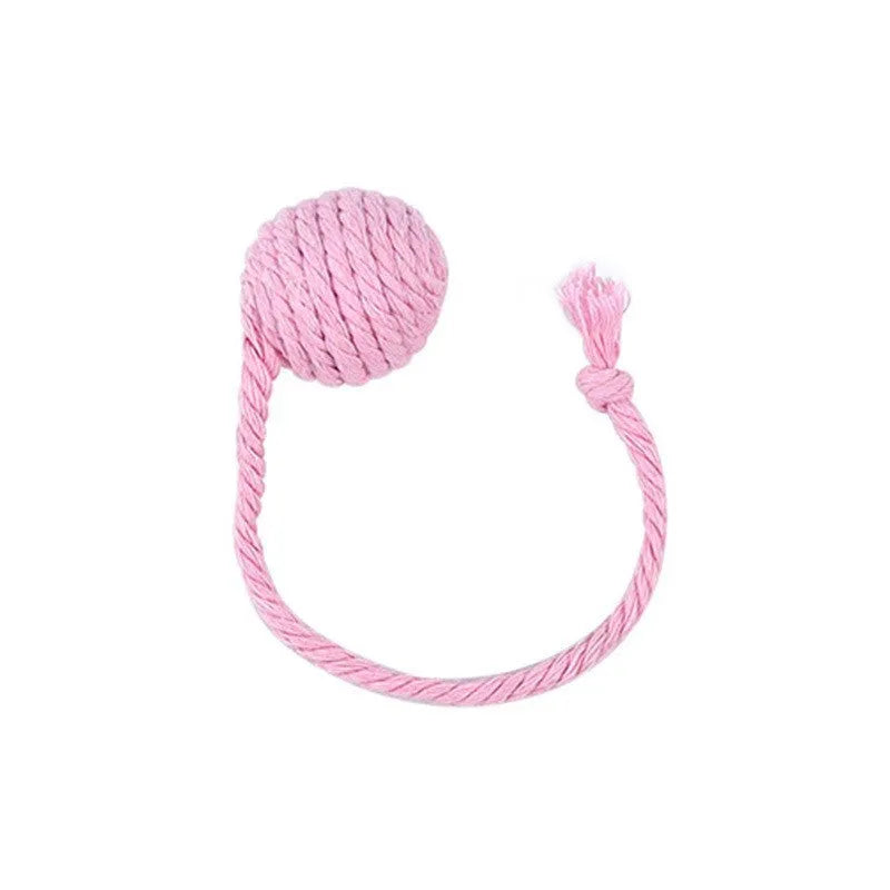 Colourful cat toy ball with rope attachment and built-in bell for interactive play