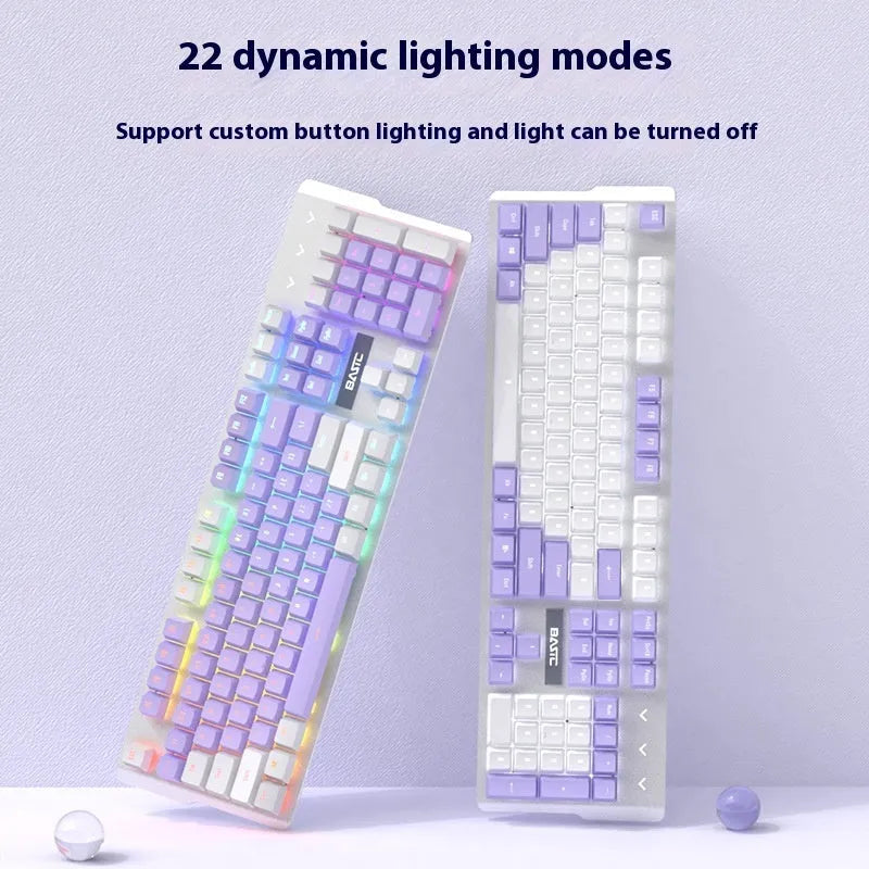 Purple and white wired mechanical keyboard and mouse combo set on a desk.