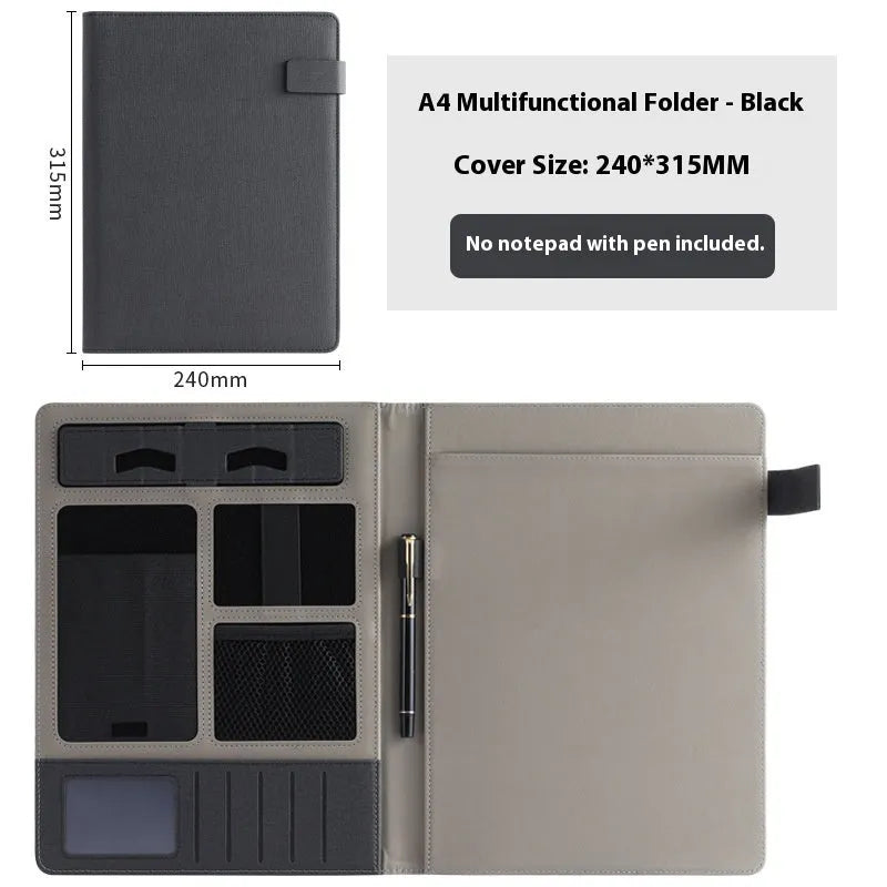 A4 leather business folder in black with pen and notepad options for office use