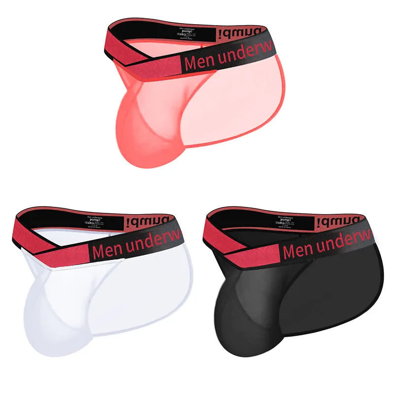 Men's transparent ice silk briefs with a large V-gradient cut and high fork design in red, black, or white.