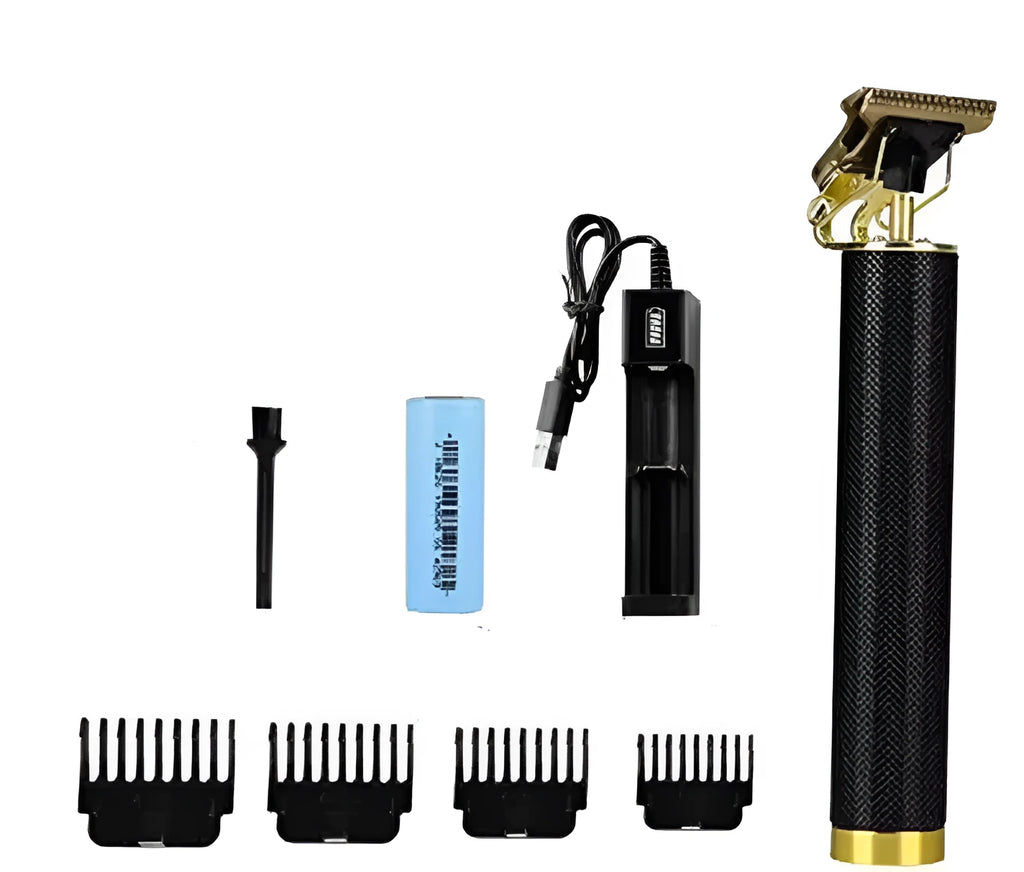 Black rechargeable electric hair clipper with gold steel blades, four combs, and USB charger