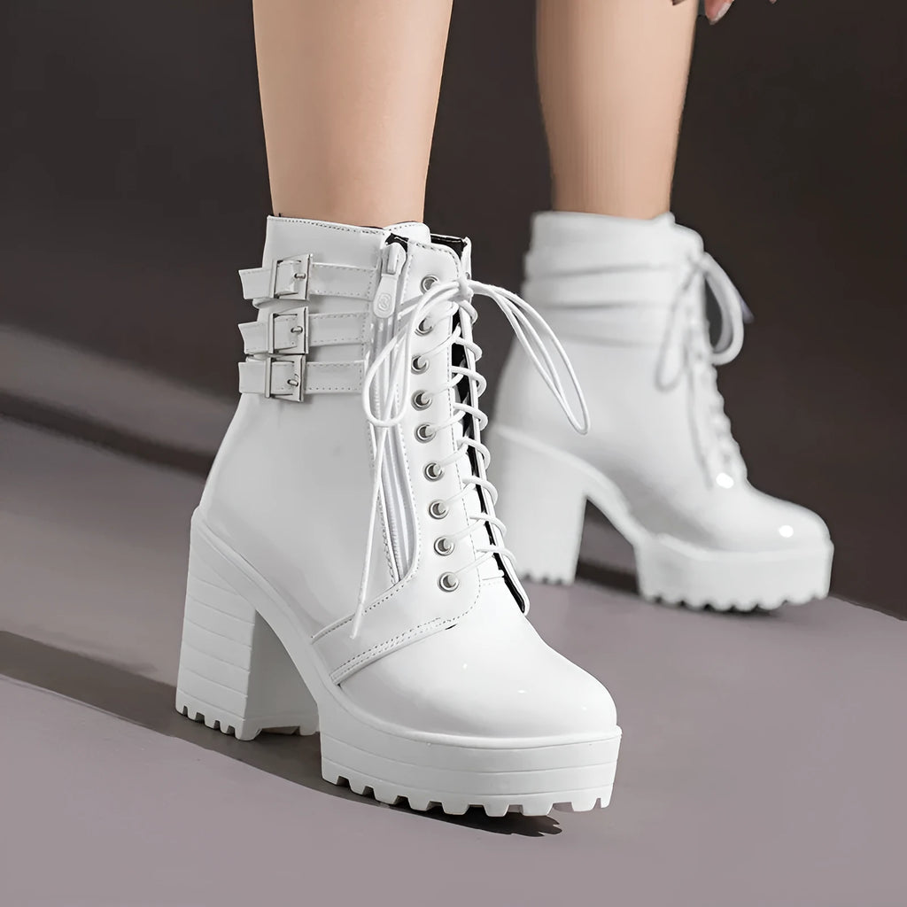 Women's black ankle boots with chunky 6-8cm rubber heel and front lace-up design