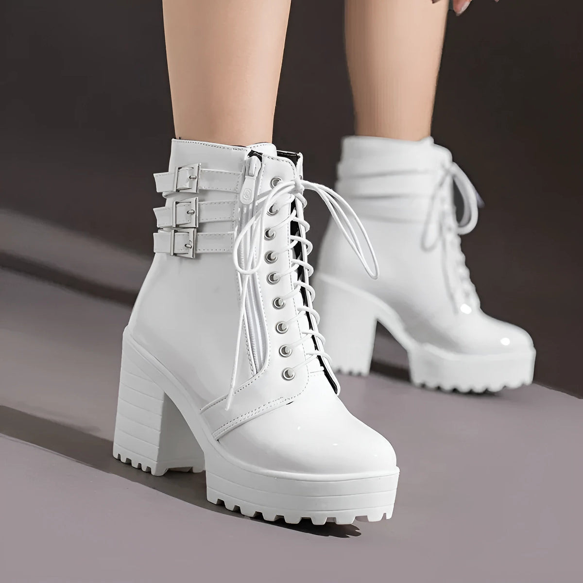 Women's black ankle boots with chunky 6-8cm rubber heel and front lace-up design